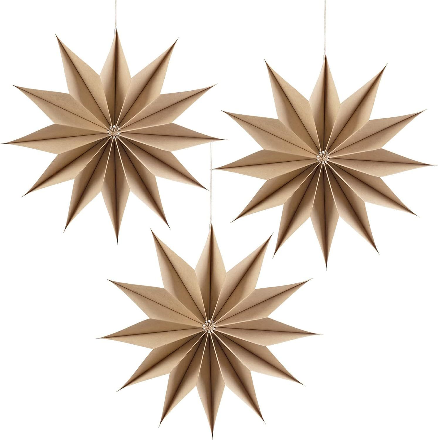 SUNBEAUTY 3 Pcs 12-Pointed Brown Paper Star Lanterns 12 Inch Christmas Hanging Lamp Rustic Paper ... | Amazon (US)