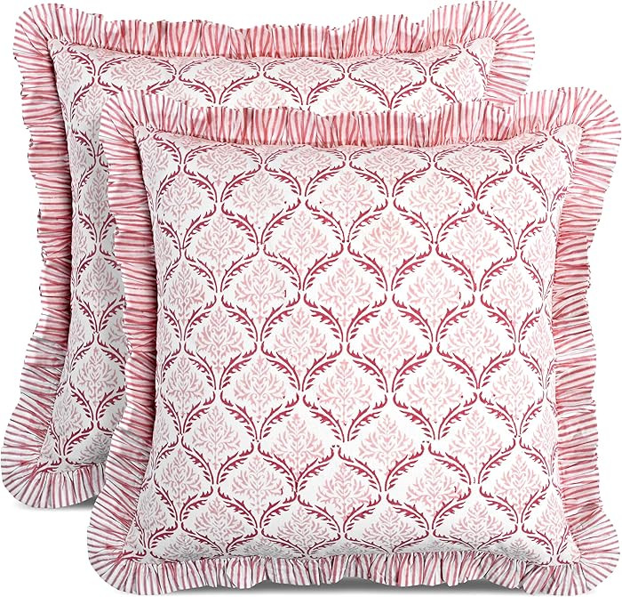 CPC Blush Rose Hand Block Print 100% Cotton Ruffle Throw Pillow Cover 20x20 inch with Hidden Zipp... | Amazon (US)