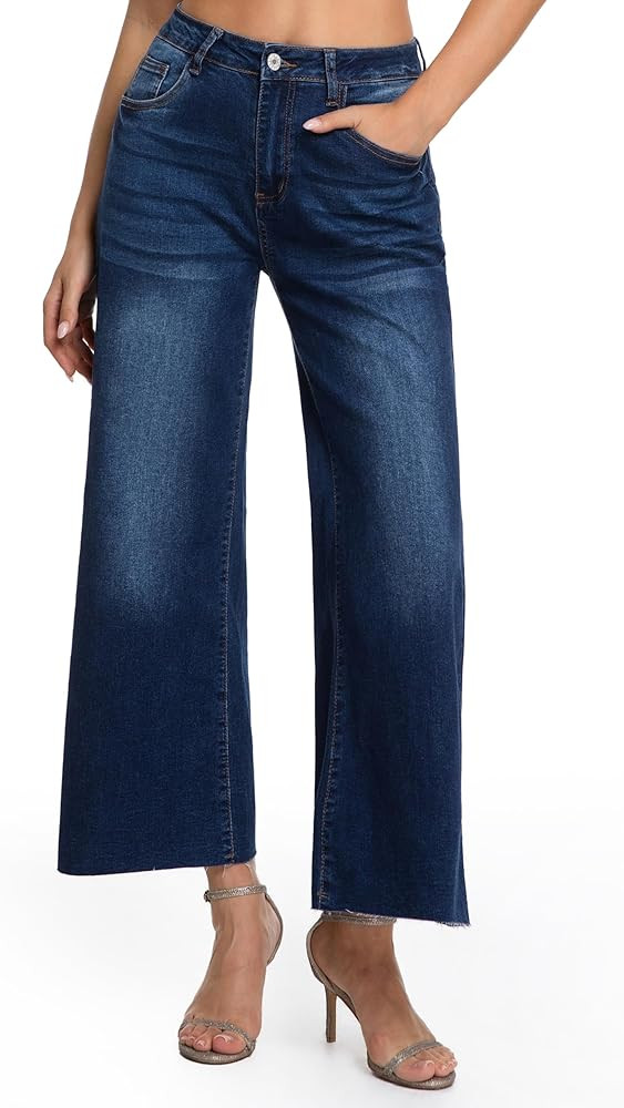 Women's Wide Leg Jeans High Waisted Stretch Loose Fit Denim Pants with Vintage Whisker Distressed... | Amazon (US)