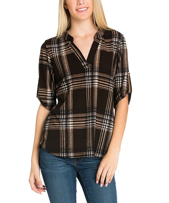 HER SHE Women's Tee Shirts BROWN - Brown Plaid Mandarin Collar Notch Neck Top - Women | Zulily