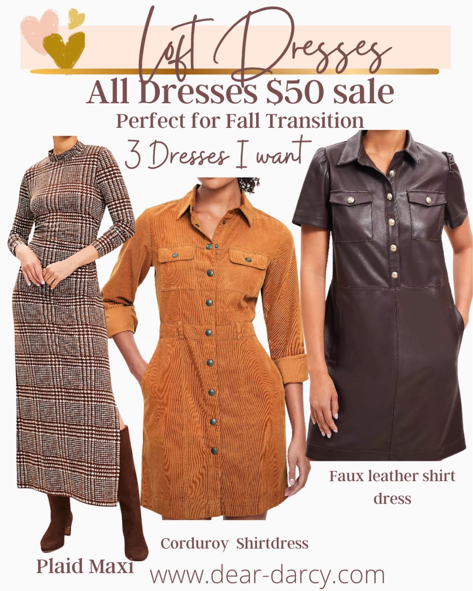 Loft dress sale

Hurry all dresses are $50

Heres 3 dresses I want✔️

Plaid maxi 
Corduroy shirt dress with pockets
Faux leather shirt dress

All perfect for Fall / fall transitions 
And workwear 

#LTKSaleAlert #LTKWorkwear #LTKFindsUnder50