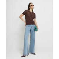 River Island Womens Brown Stitched Knit Polo Top | River Island UK & IE