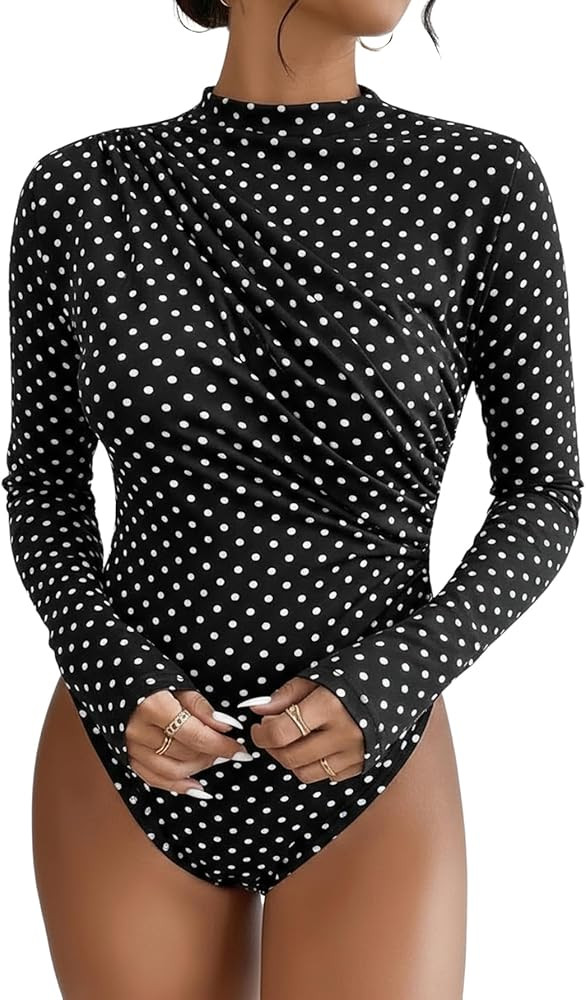 SweatyRocks Women's Bodysuit Mock Neck Casual Ruched Long Sleeve Jumpsuit | Amazon (US)