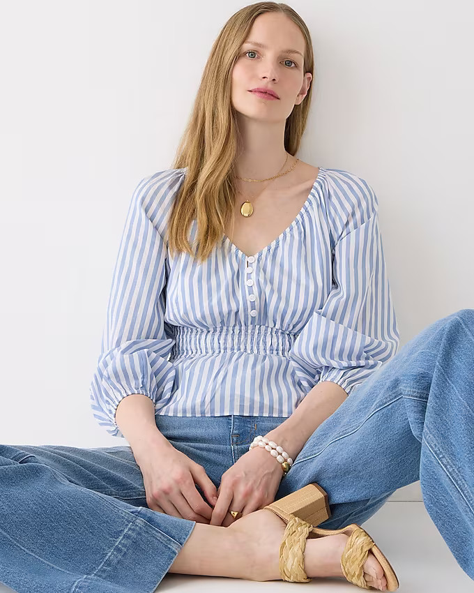 V-neck smocked-waist top in stripe cotton lawn | J. Crew US