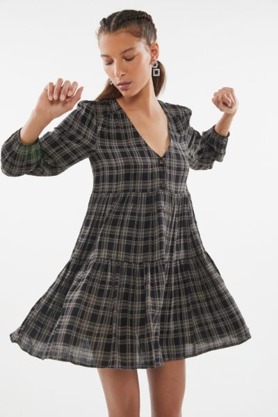 UO Plaid Long Sleeve Babydoll Dress - Black M at Urban Outfitters | Urban Outfitters (US and RoW)