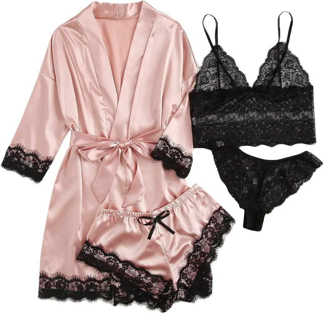 WDIRARA Women' Silk Satin Pajamas Set 4pcs Lingerie Floral Lace Cami Sleepwear with Robe | Amazon (US)