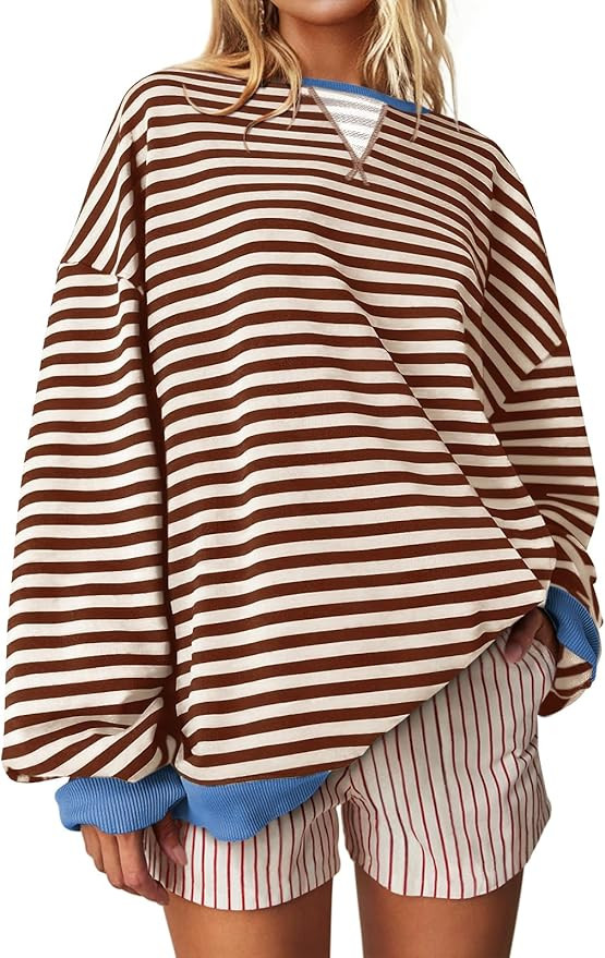 UEU Women Striped Oversized Sweatshirt Color Block Crewneck Long Sleeve Pullover Top Fashion Tren... | Amazon (US)