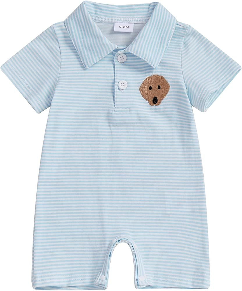 Baby Boy Summer Outfit Animal Dog Embroidery Collard Bodysuit Onesie Romper Pet Lover Newborn Clo... | Amazon (US)