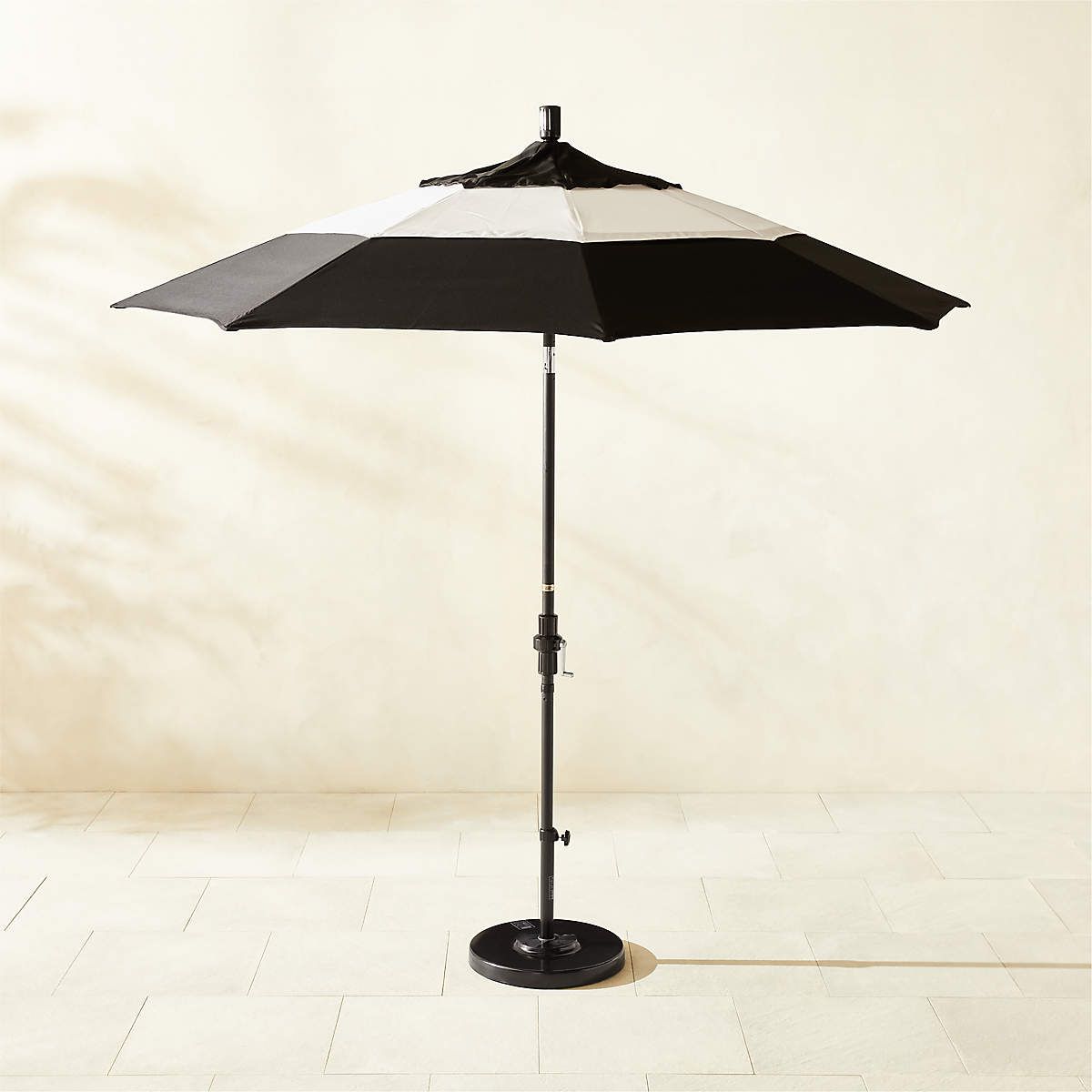 Market Round Black & Natural White Stripe Outdoor Umbrella with Black Base | CB2 | CB2