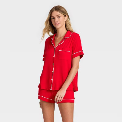 Women's Cloud Knit Modal Notch Collar Short Sleeve Top and Shorts Pajama Set - Auden™ Red S | Target