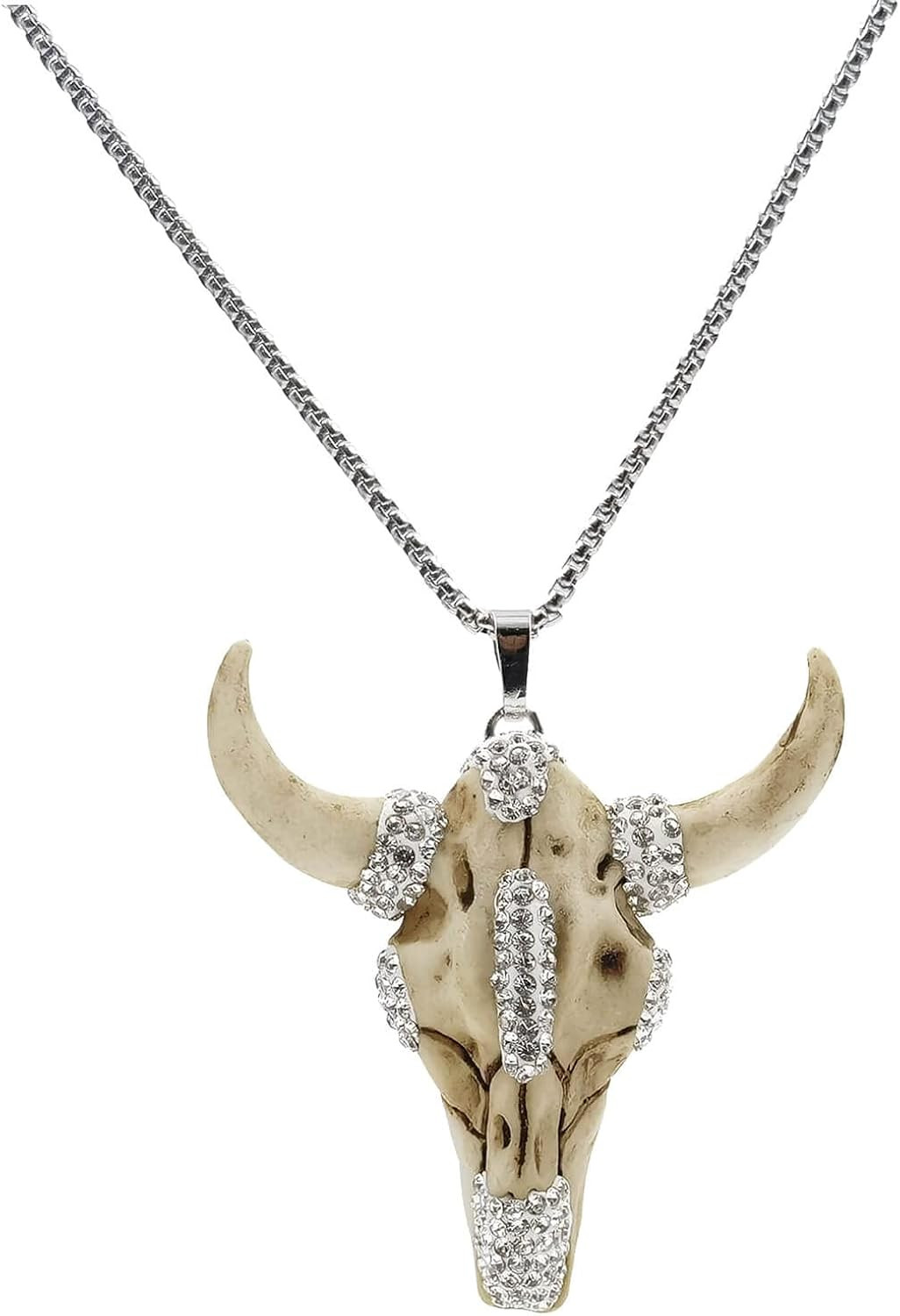 Bull Necklace, Boho White Bull Head Necklace Silver Western Necklace, Dainty Rhinestone Bull Skul... | Amazon (US)