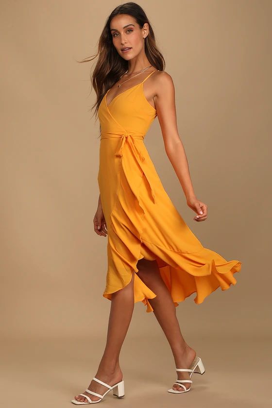 Manhattan Moment Bright Orange Ruffled Midi Wrap Dress | Lulus (US)