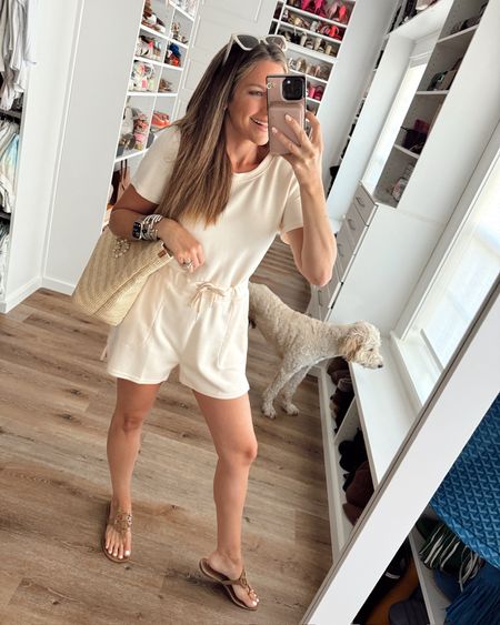In a medium drawstring waist romper, sandals, sunglasses and accessories for casual outfit - all fits TTS.

#LTKstyletip #LTKfindsunder50 #LTKSeasonal