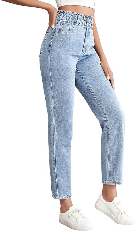 SweatyRocks Women's Casual High Elastic Waist Tapered Mom Jeans Cropped Denim Pants | Amazon (US)