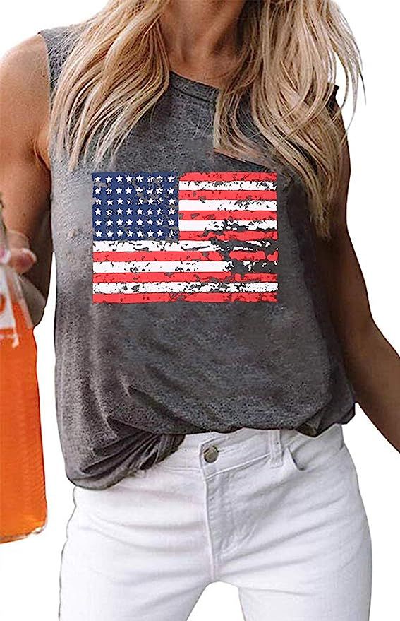 American Flag Tank Tops Women Patriotic Shirt USA Flag Stars Stripes Print Sleeveless T-Shirt 4th... | Amazon (US)