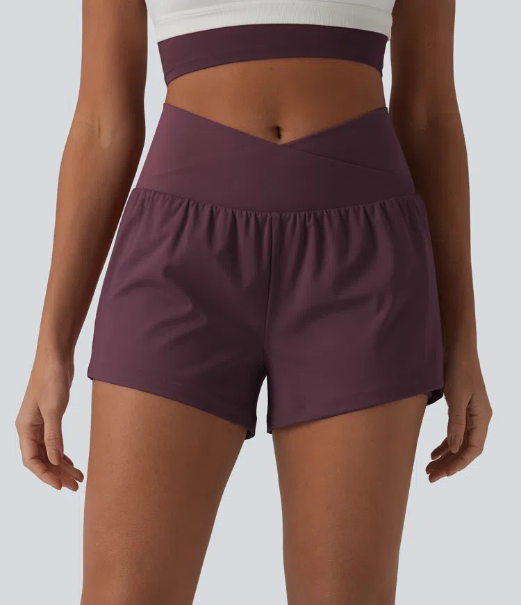 SoftlyZero\u2122 Airy Crossover High Waisted 2-in-1 InstantCool Yoga Shorts 3'' with Pockets | HALARA