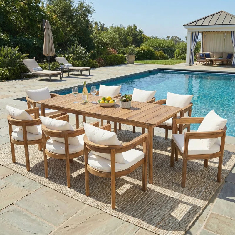 Cedar  9-Piece Outdoor Modern Rustic Acacia Wood Dining Set with Cushioned Chairs and 79" Rectang... | Wayfair North America