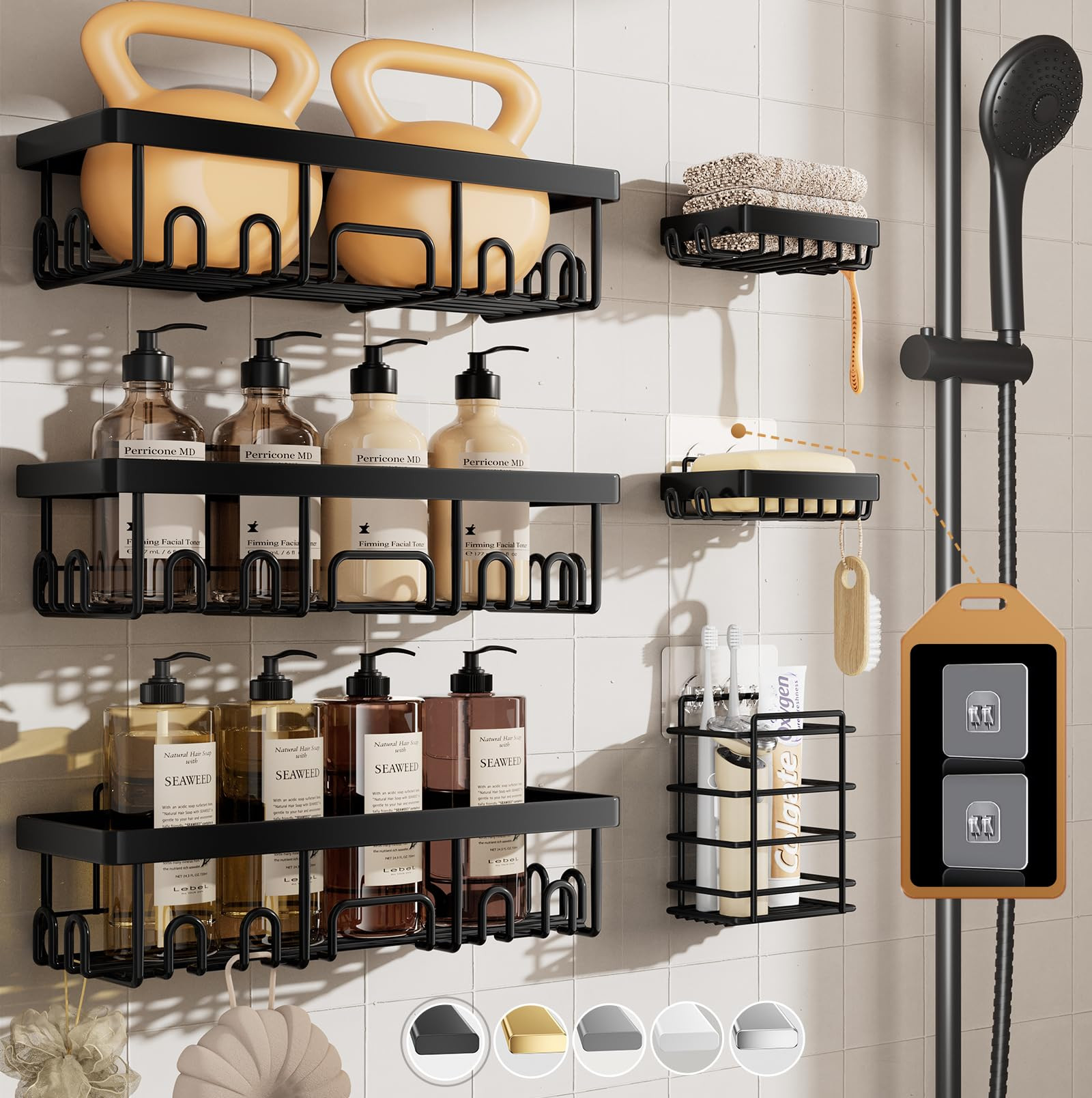 Veken Stainless Steel Shower Caddy 6-Pack, No Drilling & Rustproof, Waterproof Adhesive Shelves R... | Amazon (US)