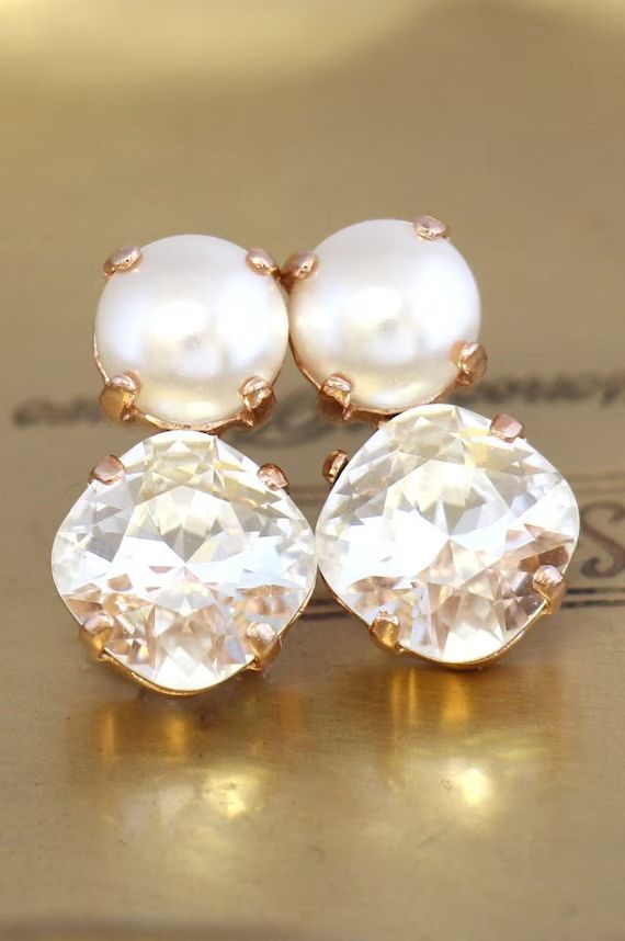 Pearl  Studs Earrings, Swarovski Crystal Studs, White Clear Crystal Earrings, Bridal Pearl Earrin... | Etsy (US)