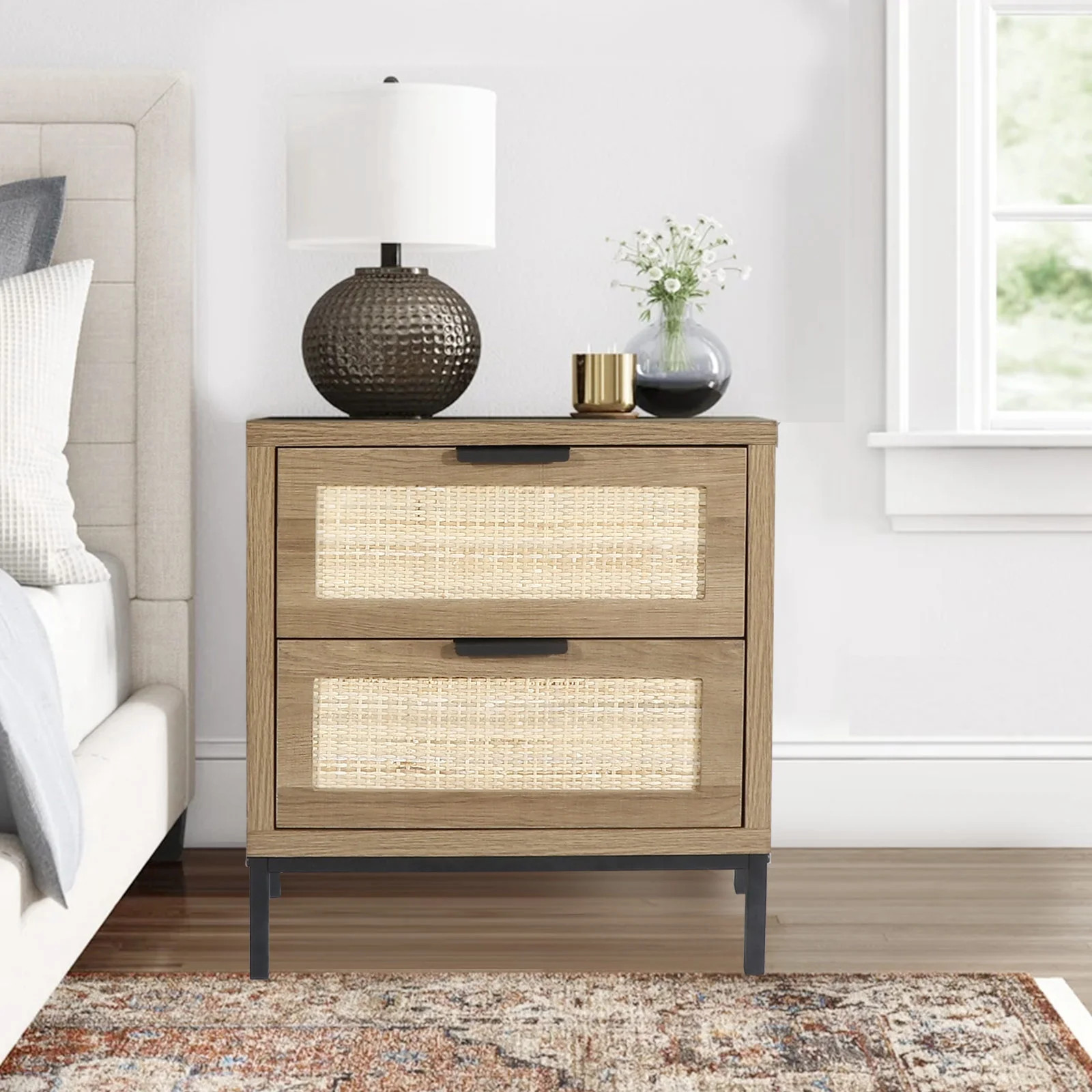 Anmytek Modern Farmhouse Nightstand with 2 Rattan Drawers,Wood Bedside Table Storage Cabinet for ... | Walmart (US)