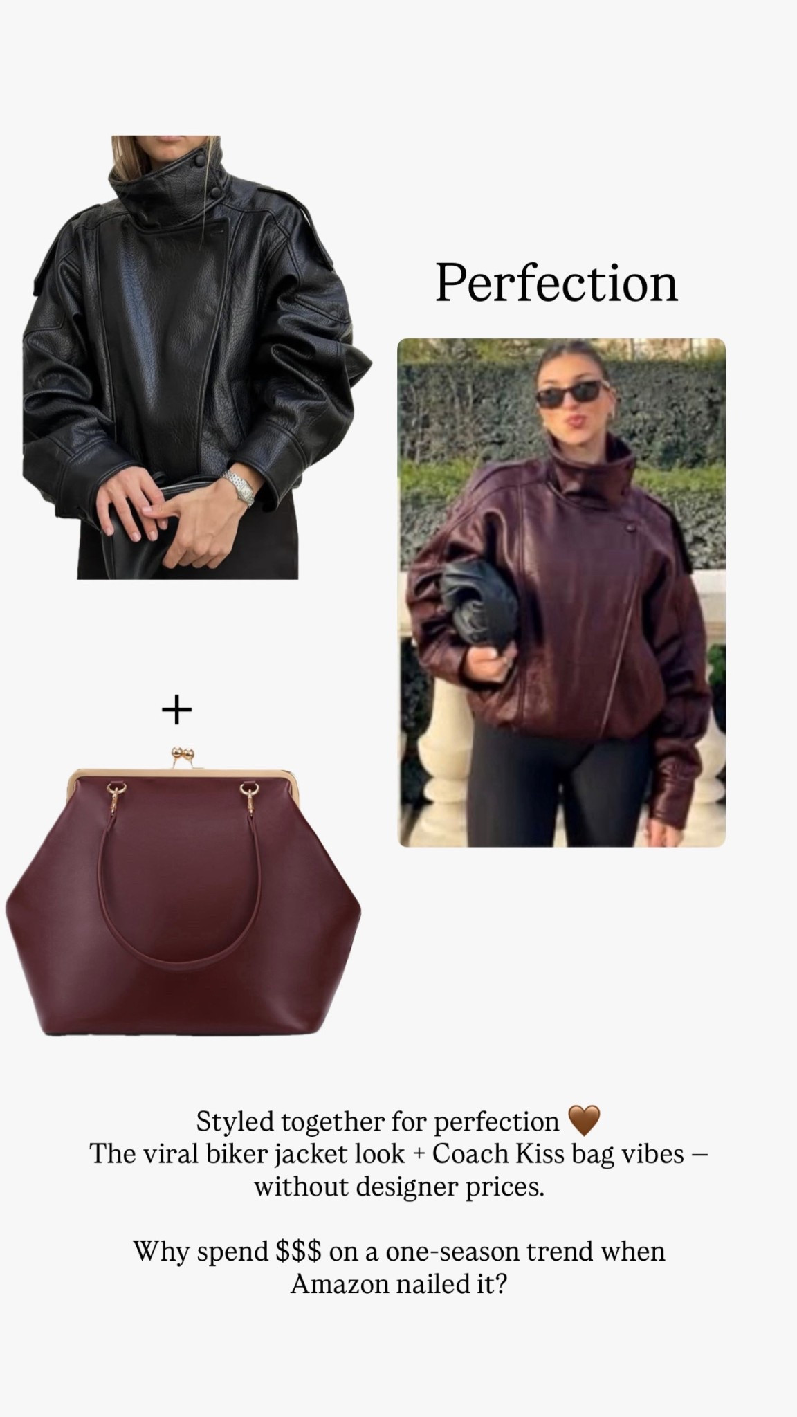 Two trending pieces, styled together for perfection.
The viral biker leather jacket (very YSL / Zara coded) + the Coach Kiss Me bag lookalike = peak cool without the price tag. When a trend is this good but temporary, Amazon is the move. Cute now, no regrets later.

Saving my splurges for forever pieces 😌

#LTKSaleAlert #LTKValentine