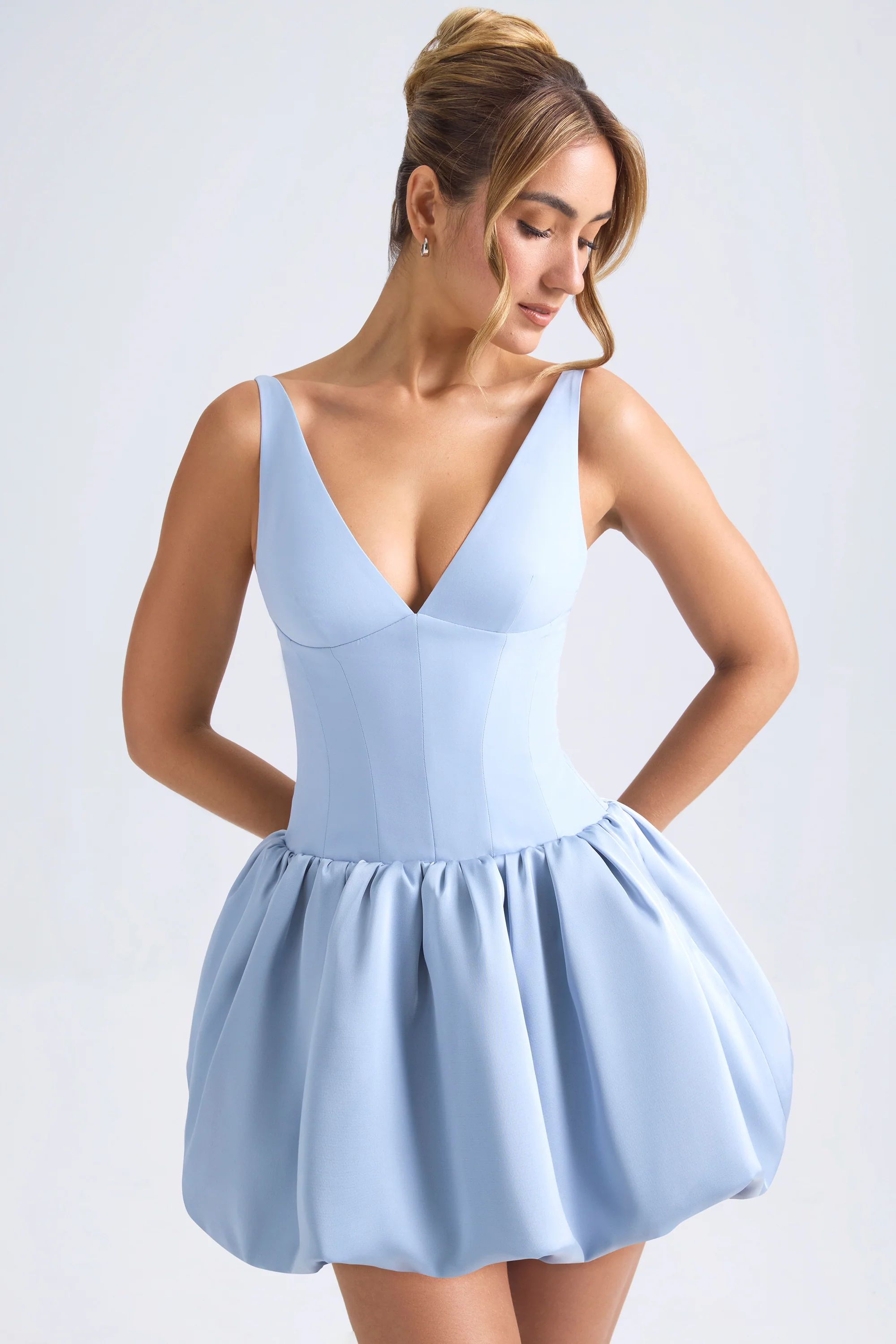 Lace-Up Bubble Hem Corset Micro Mini Dress in Light Blue | Oh Polly