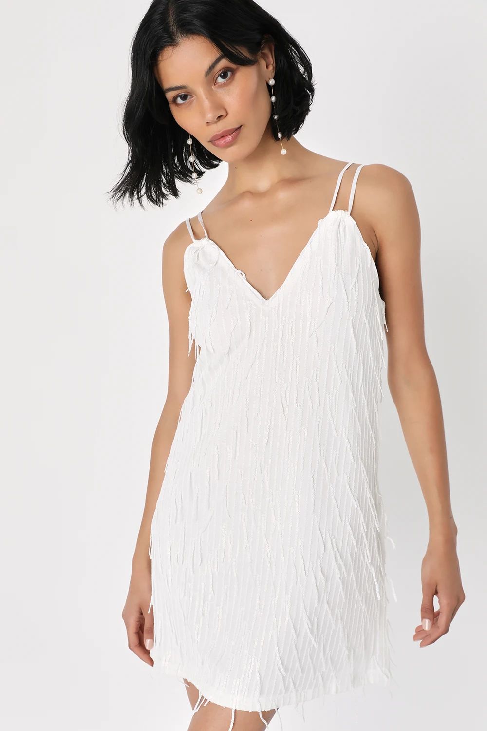 Voulez-Vous White Sequin Fringe V-Neck Shift Mini Dress | Lulus (US)