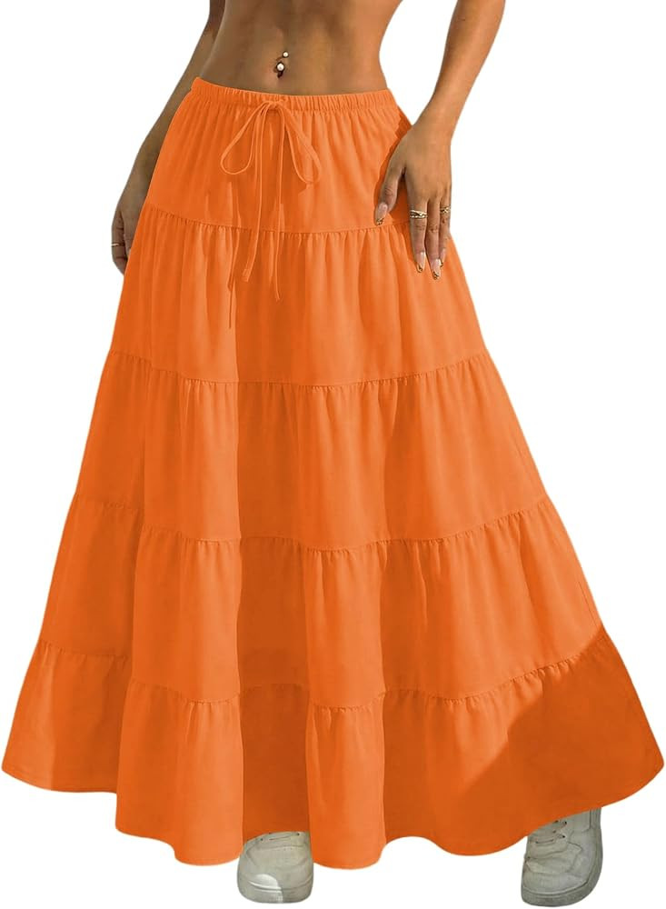 Verdusa Women's Long Maxi Skirt Boho Flowy Flared Ruffle Skirts 2026 Beach Vacation Summer Going ... | Amazon (US)