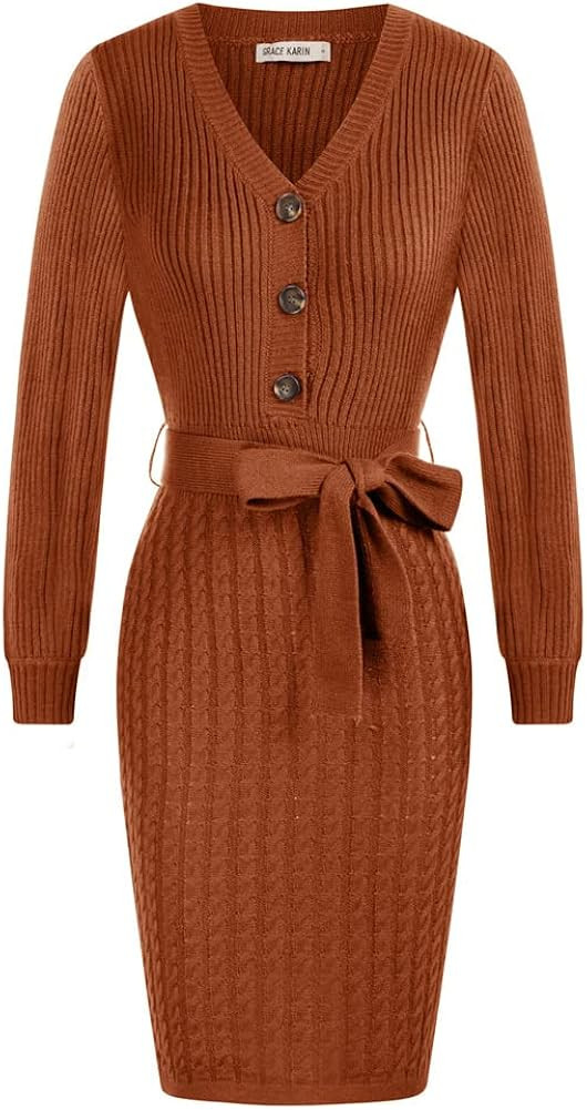 GRACE KARIN Damen Elegant Pulloverkleider Vintage V-Ausschintt Cocktail Knopfleiste Langarm Kleid... | Amazon (DE)