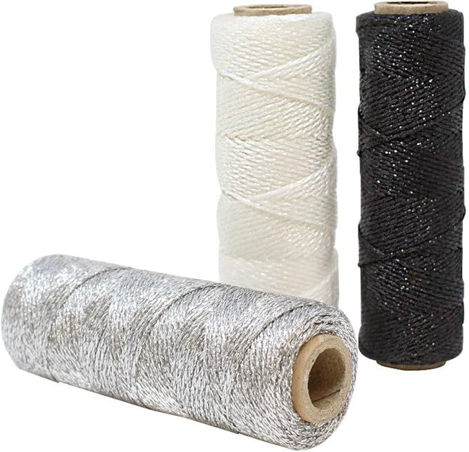 Just Artifacts 3pcs Assorted Metallic Bakers Twine 55-Yards 11Ply (Silver, White, Black) | Amazon (US)