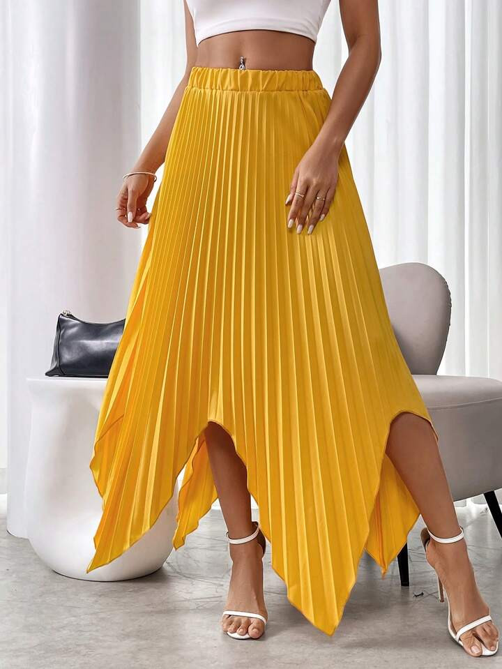SHEIN Frenchy Solid Colored Asymmetrical Hem Pleated Skirt | SHEIN