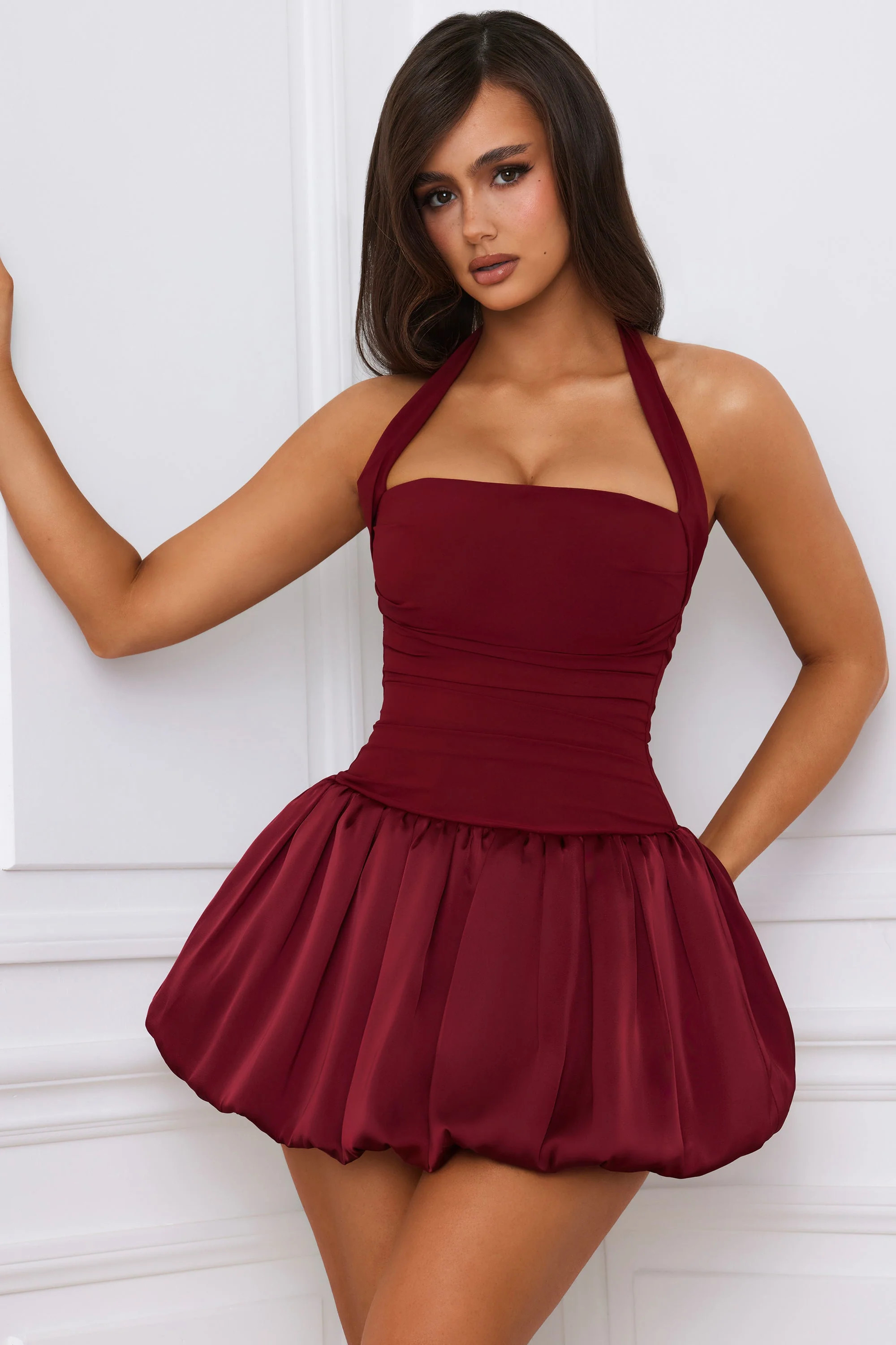 Halterneck Lace-Up Bubble Hem Corset Micro Mini Dress in Berry Red | Oh Polly