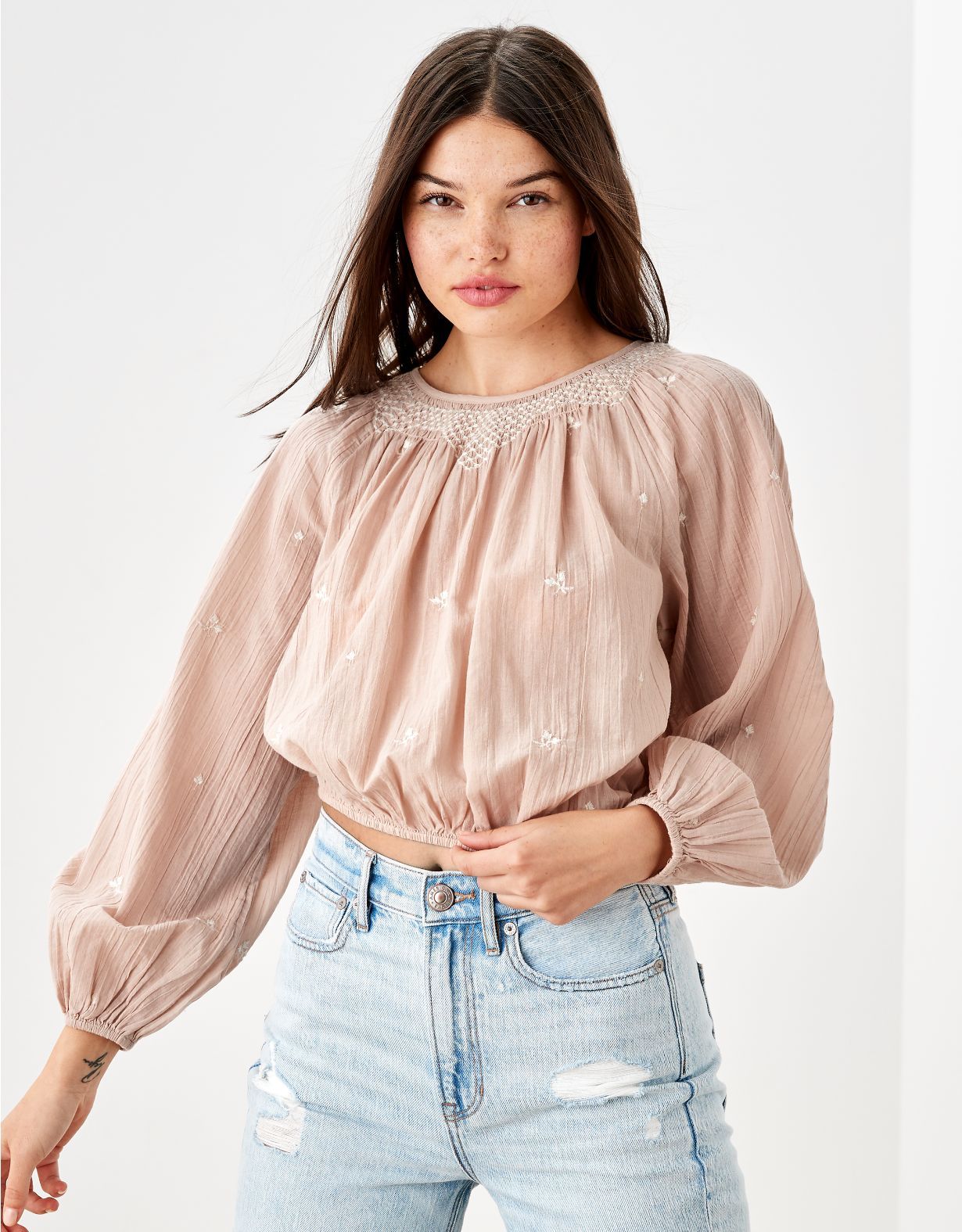 AE Cinched Long-Sleeve Scoop Neck Blouse | American Eagle Outfitters (US & CA)