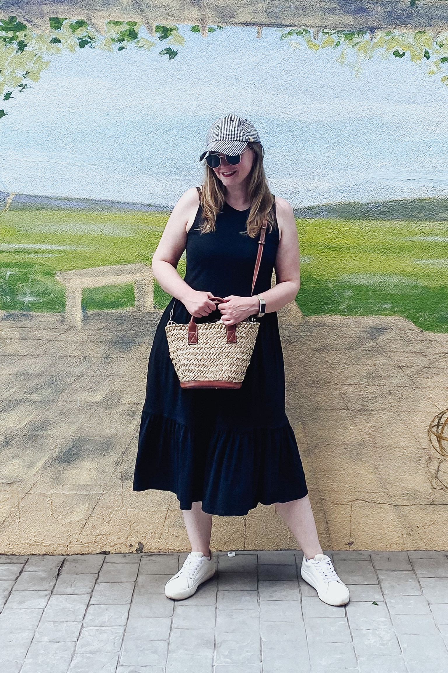 Hat is shopchord.com 
Loose black midi dress 
White sneakers 

#LTKStyleTip #LTKMidsize #LTKShoeCrush