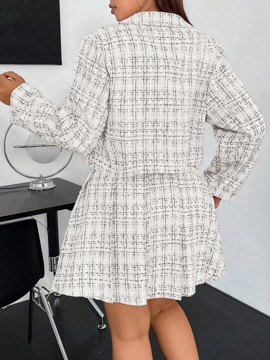 SHEIN MOD Plus Plaid Pattern Double Breasted Tweed Jacket & Pleated Skirt | SHEIN
