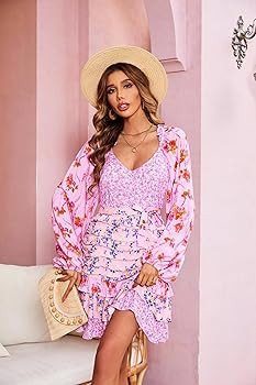 R.Vivimos Women's Summer Long Sleeve Boho Dress V Neck Floral Print Layered Ruffle Patchwork Casu... | Amazon (US)