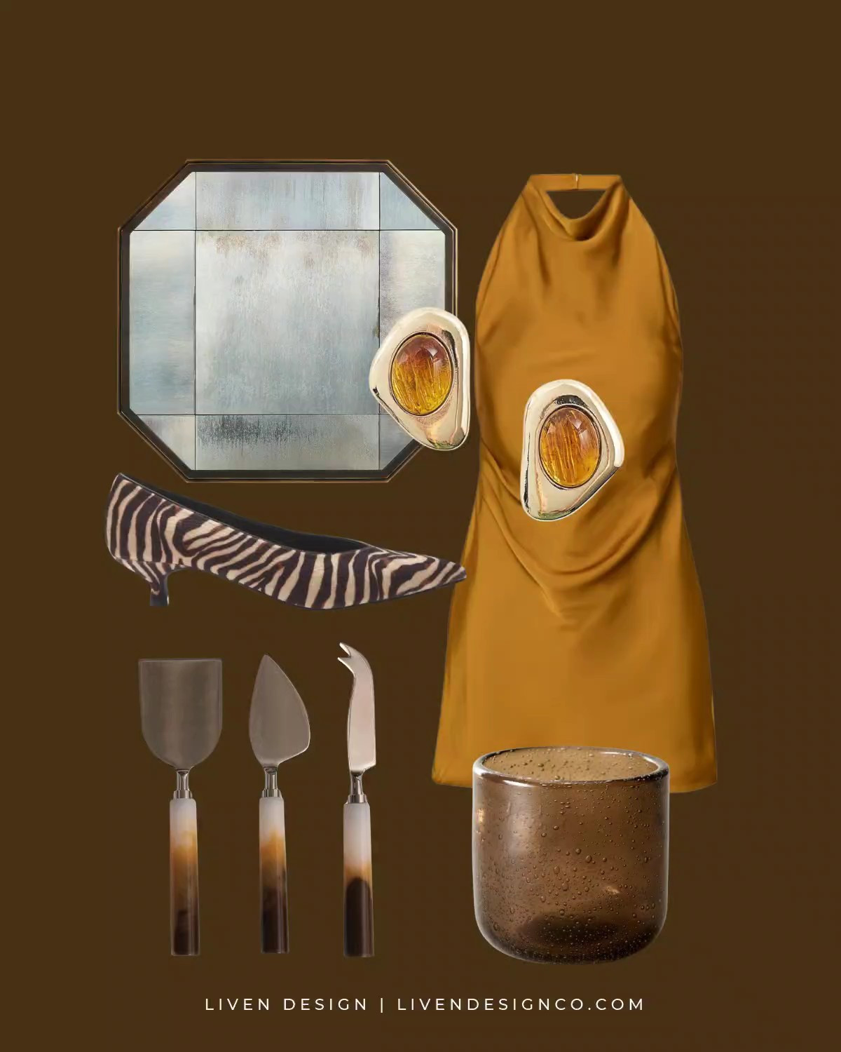 New discoveries. Ochre dress. Fall style. Mini mustard yellow satin dress. Aritzia. Statement earrings. Aged vintage mirror. Home decor. Cheese knives. Zebra print heels. Animal print shoes. Brown hammered glassware. Mules. Slingback. Amber tumbler glasses

#LTKSeasonal #LTKHome #LTKSaleAlert