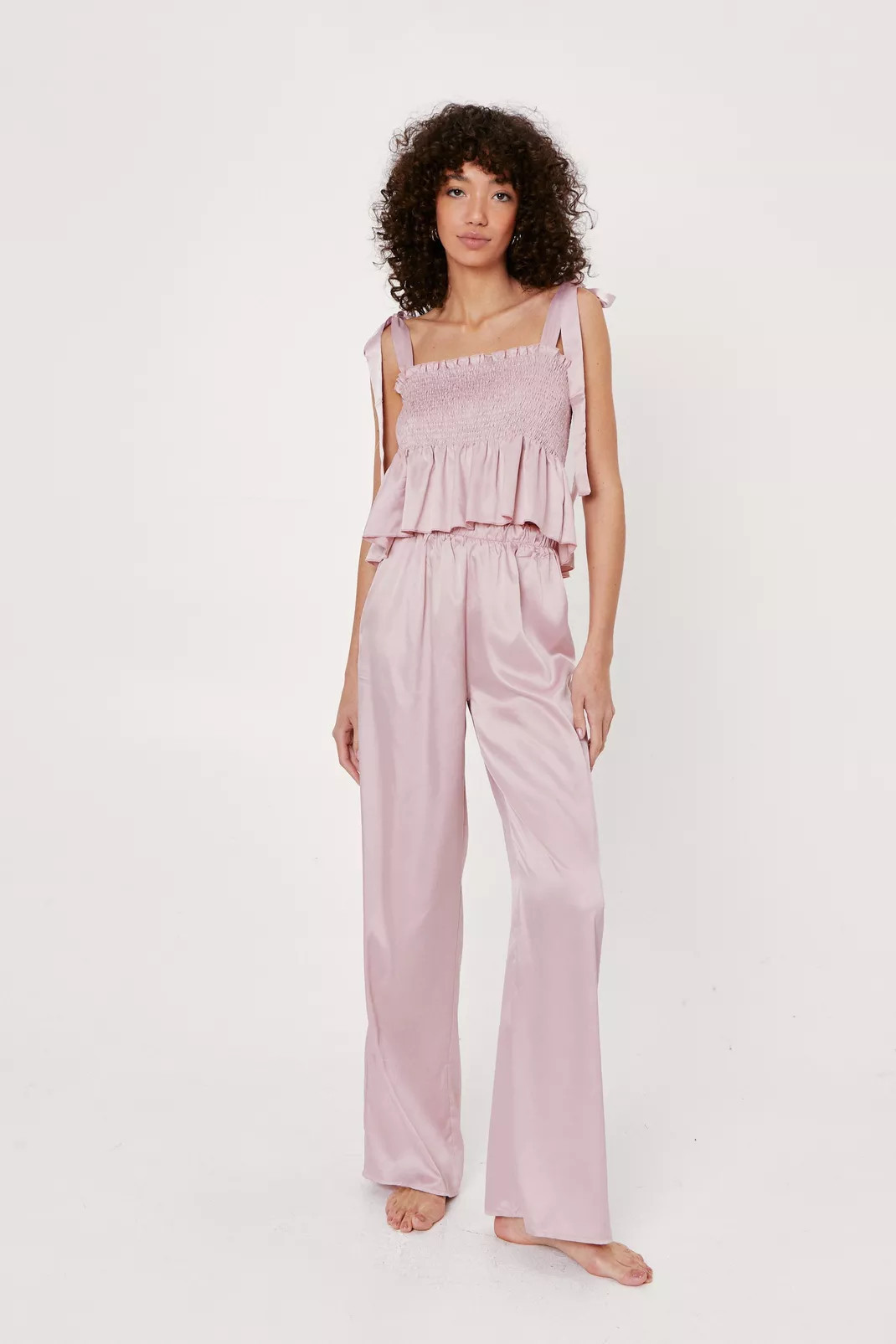 Satin Shirred Tie Shoulder Pajama Pants Set | Nasty Gal (US)
