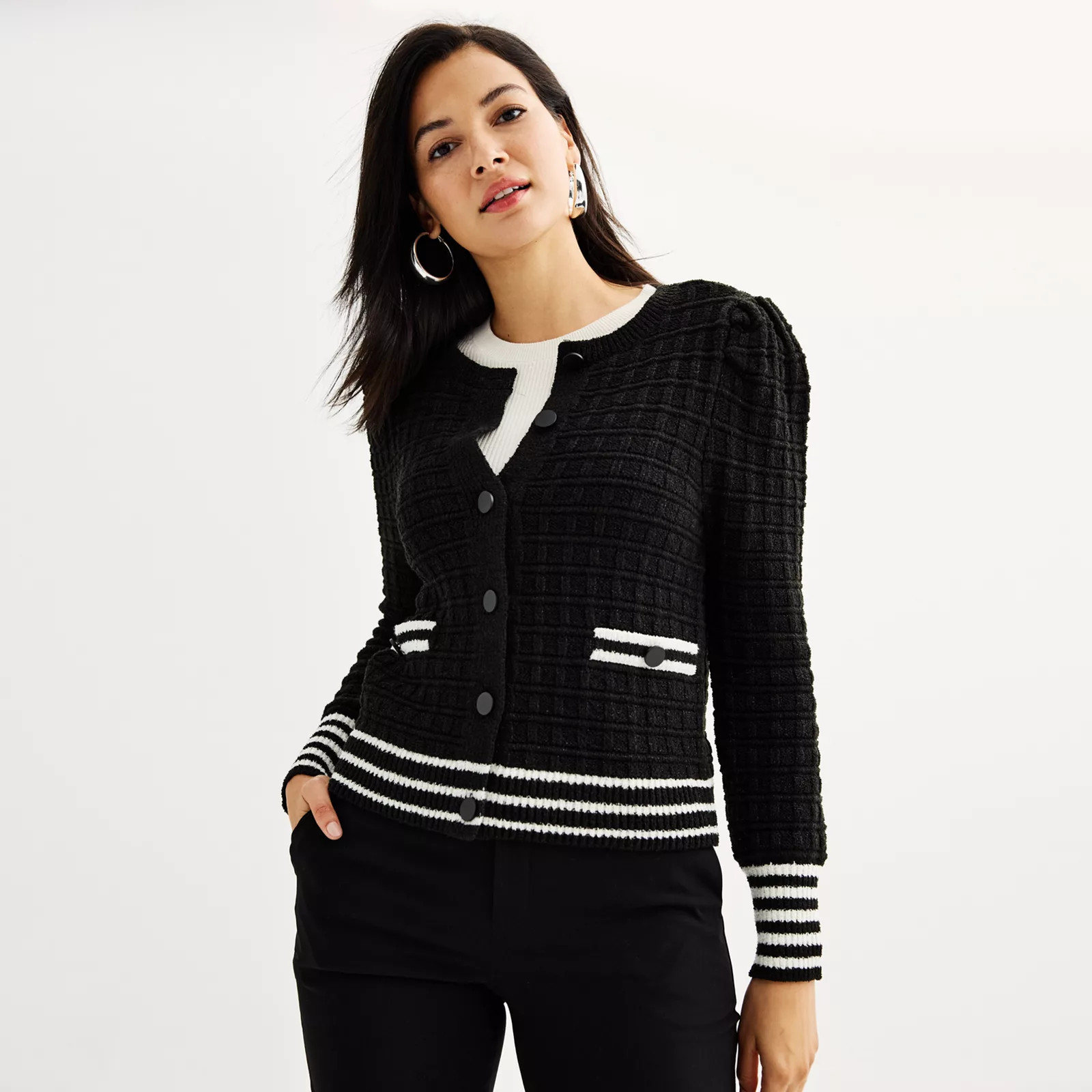 Women's Nine West Metallic Knit Cardigan Sweater, Size: XL, Black Tweed | Kohl's