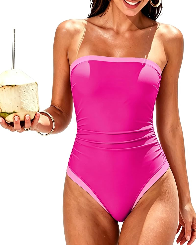 SUUKSESS Women One Piece Tummy Control Swimsuit Strapless Bandeau Bathing Suit | Amazon (US)
