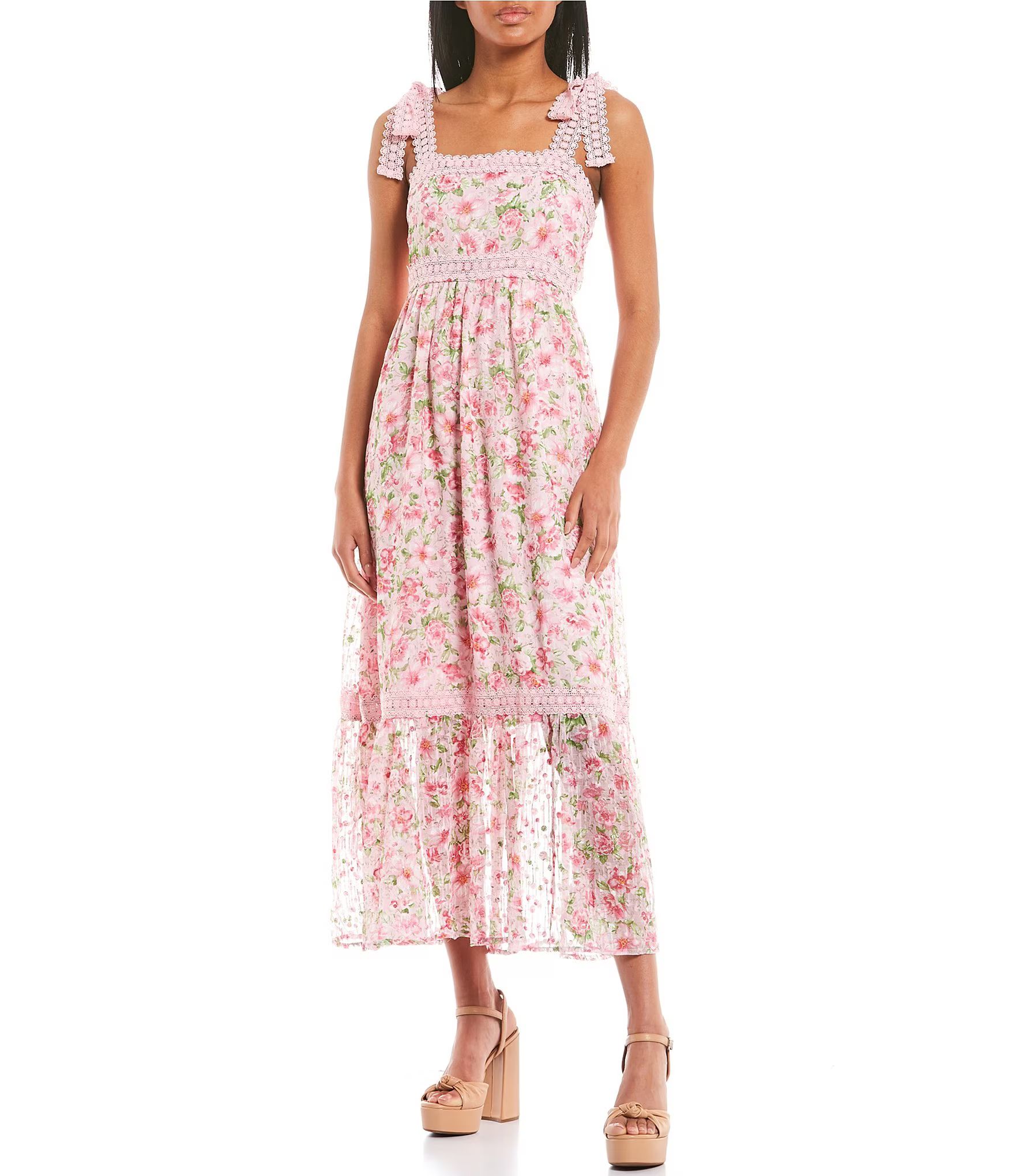 Floral Lace Trim Midi Dress | Dillard's