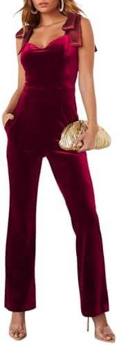 BLENCOT Womens Wide Leg Velvet Jumpsuits Tie Knot Strap Sleeveless Elegant Romper Overall Pants | Amazon (US)