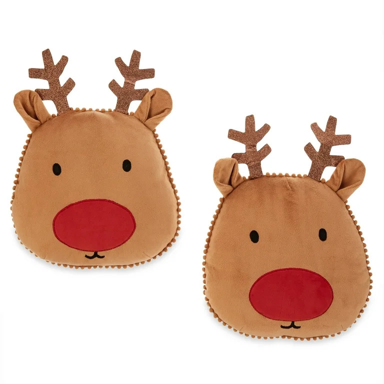 Holiday Time 12inch Reindeer Shaped Decorative Pillow, Brown and Red, 2 Count per Pack | Walmart (US)