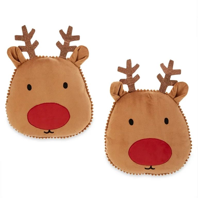 Holiday Time 12inch Reindeer Shaped Decorative Pillow, Brown and Red, 2 Count per Pack | Walmart (US)