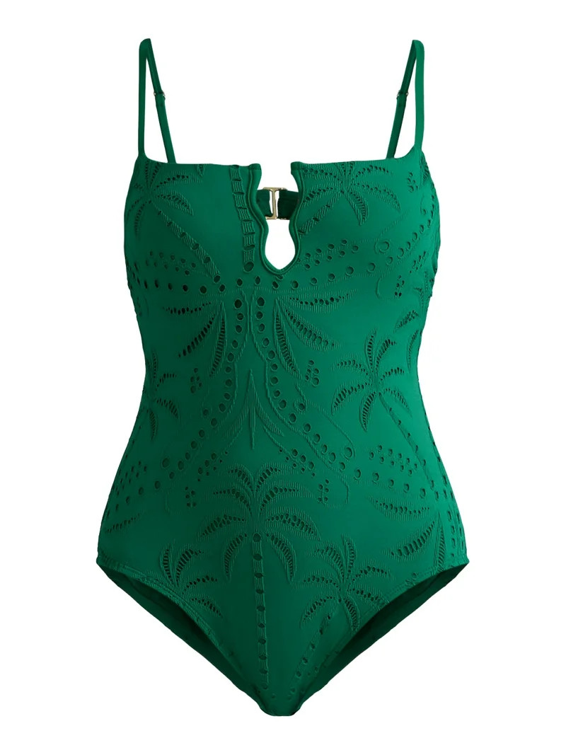 Time and Tru Women’s and Women’s Plus Eyelet Embroidered V Wire One Piece Swimsuit, Sizes XS-... | Walmart (US)