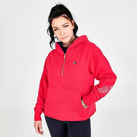 Tommy Hilfiger Women's Half-Zip Boyfriend Hoodie in Red/Scarlet Size Small Cotton | Finish Line (US)