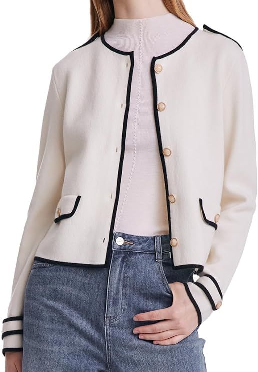 GOELIA Women's White Black Contrast 100% Wool Cardigan Sweater, Crewneck Button Up Knit Sweater B... | Amazon (US)