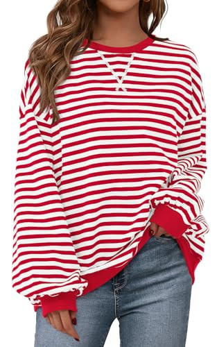 PRETTYGARDEN Women Striped Oversized Sweatshirt Color Block Crew Neck Long Sleeve Casual Pullover Top Spring Y2K Clothes (Red White, Small) | Amazon (US)