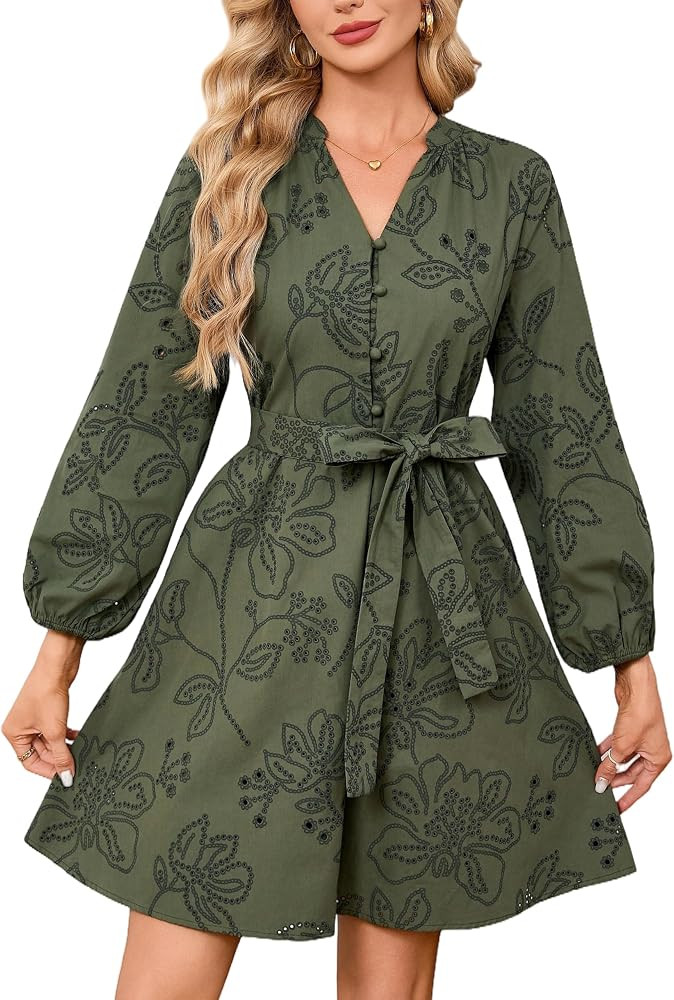YEXPINE Boho Mini Dress for Women 3/4 Sleeve Eyelet Lace Hollow Out Tunic Dress V Neck A Line Sho... | Amazon (US)