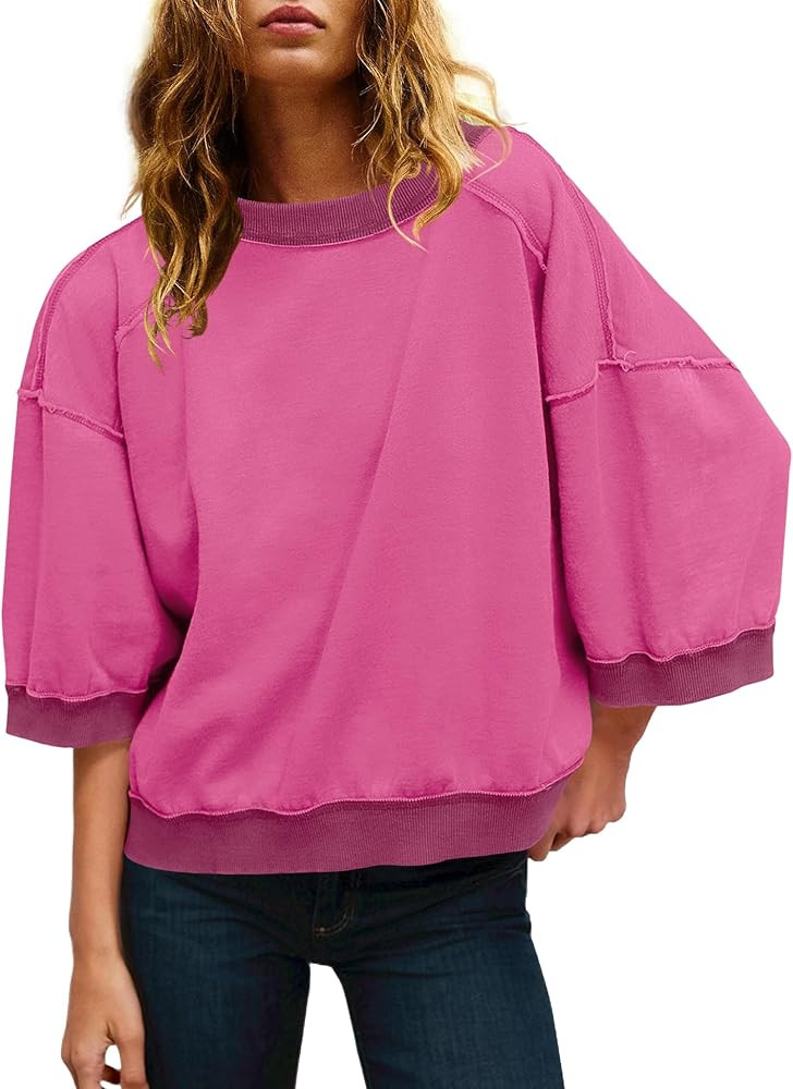 Panadila Womens Oversized Short Sleeve Sweatshirt Crewneck 3/4 Sleeve Tops Summer Cute Color Bloc... | Amazon (US)